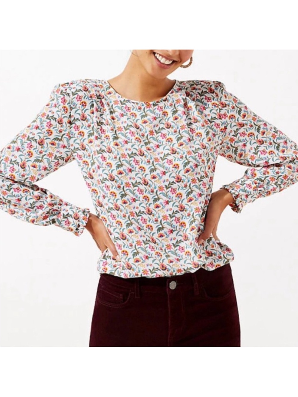 LOFT White Floral Puff-Sleeve Blouse with Multicolor Print